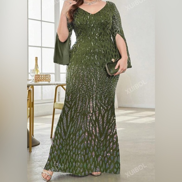 SHEIN Plus Sequin Women Elegant V Neck Split Sleeve Mermaid Formal Evening Dress - Picture 1 of 12